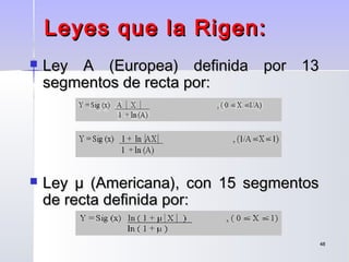 4848
Leyes que la Rigen:Leyes que la Rigen:
 Ley A (Europea) definida por 13Ley A (Europea) definida por 13
segmentos de recta por:segmentos de recta por:
 Ley µ (Americana), con 15 segmentosLey µ (Americana), con 15 segmentos
de recta definida por:de recta definida por:
 