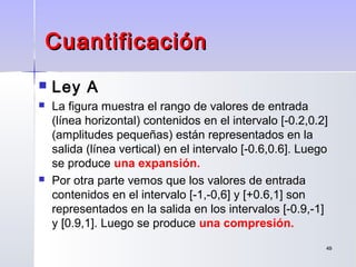 4949
CuantificaciónCuantificación
 Ley A
 La figura muestra el rango de valores de entrada
(línea horizontal) contenidos en el intervalo [-0.2,0.2]
(amplitudes pequeñas) están representados en la
salida (línea vertical) en el intervalo [-0.6,0.6]. Luego
se produce una expansión.
 Por otra parte vemos que los valores de entrada
contenidos en el intervalo [-1,-0,6] y [+0.6,1] son
representados en la salida en los intervalos [-0.9,-1]
y [0.9,1]. Luego se produce una compresión.
 
