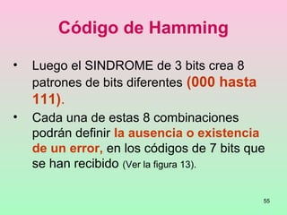 55
Código de Hamming
• Luego el SINDROME de 3 bits crea 8
patrones de bits diferentes (000 hasta
111).
• Cada una de estas 8 combinaciones
podrán definir la ausencia o existencia
de un error, en los códigos de 7 bits que
se han recibido (Ver la figura 13).
 