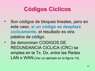 57
Códigos Cíclicos
• Son códigos de bloques lineales, pero en
este caso, si un código se desplaza
cíclicamente, el resultado es otra
palabra de código.
• Se denominan CODIGOS DE
REDUNDANCIA CICLICA (CRC) se
emplea en la Tx. Dx. entre las Redes
LAN o WAN.(Ver un ejemplo en la figura 14).
 