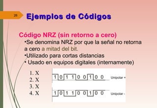 26
Código NRZ (sin retorno a cero)
•Se denomina NRZ por que la señal no retorna
a cero a mitad del bit.
•Utilizado para cortas distancias
• Usado en equipos digitales (internamente)
Ejemplos de CódigosEjemplos de Códigos
1. X
2. X
3. X
4. X
 