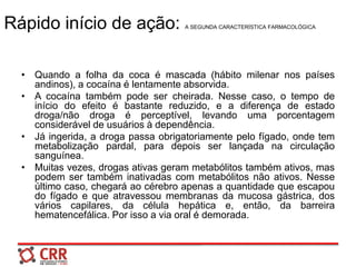 Rápido início de ação: A SEGUNDA CARACTERÍSTICA FARMACOLÓGICA
• Quando a folha da coca é mascada (hábito milenar nos países
andinos), a cocaína é lentamente absorvida.
• A cocaína também pode ser cheirada. Nesse caso, o tempo de
início do efeito é bastante reduzido, e a diferença de estado
droga/não droga é perceptível, levando uma porcentagem
considerável de usuários à dependência.
• Já ingerida, a droga passa obrigatoriamente pelo fígado, onde tem
metabolização pardal, para depois ser lançada na circulação
sanguínea.
• Muitas vezes, drogas ativas geram metabólitos também ativos, mas
podem ser também inativadas com metabólitos não ativos. Nesse
último caso, chegará ao cérebro apenas a quantidade que escapou
do fígado e que atravessou membranas da mucosa gástrica, dos
vários capilares, da célula hepática e, então, da barreira
hematencefálica. Por isso a via oral é demorada.
 