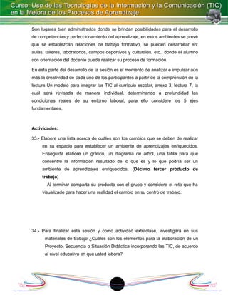 Son lugares bien administrados donde se brindan posibilidades para el desarrollo
de competencias y perfeccionamiento del aprendizaje, en estos ambientes se prevé
que se establezcan relaciones de trabajo formativo, se pueden desarrollar en:
aulas, talleres, laboratorios, campos deportivos y culturales, etc., donde el alumno
con orientación del docente puede realizar su proceso de formación.

En esta parte del desarrollo de la sesión es el momento de analizar e impulsar aún
más la creatividad de cada uno de los participantes a partir de la comprensión de la
lectura Un modelo para integrar las TIC al currículo escolar, anexo 3, lectura 7, la
cual será revisada de manera individual, determinando a profundidad las
condiciones reales de su entorno laboral, para ello considere los 5 ejes
fundamentales.



Actividades:

33.- Elabore una lista acerca de cuáles son los cambios que se deben de realizar
     en su espacio para establecer un ambiente de aprendizajes enriquecidos.
     Enseguida elabore un gráfico, un diagrama de árbol, una tabla para que
     concentre la información resultado de lo que es y lo que podría ser un
     ambiente de aprendizajes enriquecidos. (Décimo tercer producto de
     trabajo)
       Al terminar comparta su producto con el grupo y considere el reto que ha
     visualizado para hacer una realidad el cambio en su centro de trabajo.




34.- Para finalizar esta sesión y como actividad extraclase, investigará en sus
      materiales de trabajo ¿Cuáles son los elementos para la elaboración de un
      Proyecto, Secuencia o Situación Didáctica incorporando las TIC, de acuerdo
      al nivel educativo en que usted labora?




                                         18
 