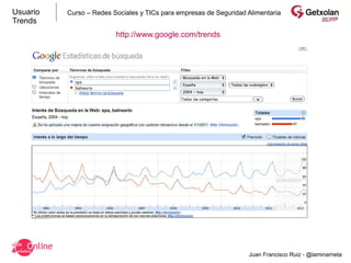 Usuario   Curso – Redes Sociales y TICs para empresas de Seguridad Alimentaria
Trends
                         http://www.google.com/trends




                                                                   Juan Francisco Ruiz - @laminarrieta
 
