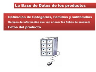 La Base de Datos de los productos


• Definición de Categorías, Familias y subfamilias
•   Campos de información que van a...
