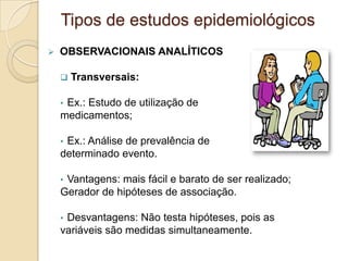 Tipos de estudos epidemiológicos
 OBSERVACIONAIS ANALÍTICOS
 Transversais:
• Ex.: Estudo de utilização de
medicamentos;
• Ex.: Análise de prevalência de
determinado evento.
• Vantagens: mais fácil e barato de ser realizado;
Gerador de hipóteses de associação.
• Desvantagens: Não testa hipóteses, pois as
variáveis são medidas simultaneamente.
 