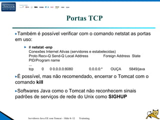 Servidores Java EE com Tomcat – Slide 0- 12 Trainning.
Portas TCP
Também é possível verificar com o comando netstat as portas
em uso:
# netstat -anp
Conexões Internet Ativas (servidores e estabelecidas)
Proto Recv-Q Send-Q Local Address Foreign Address State
PID/Program name
...
tcp 0 0 0.0.0.0:8080 0.0.0.0:* OUÇA 5849/java
É possível, mas não recomendado, encerrar o Tomcat com o
comando kill
Softwares Java como o Tomcat não reconhecem sinais
padrões de serviços de rede do Unix como SIGHUP
 