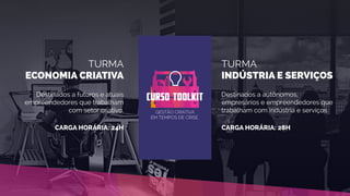 TURMA
ECONOMIA CRIATIVA
Destinados a futuros e atuais
empreendedores que trabalham
com setor criativo.
CARGA HORÁRIA: 24H
TURMA
INDÚSTRIA E SERVIÇOS
Destinados a autônomos,
empresários e empreendedores que
trabalham com indústria e serviços.
CARGA HORÁRIA: 28H
 