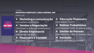 TURMA
INDÚSTRIA E SERVIÇOS | CARGA HORÁRIA: 28H
MÓDULOS:
Marketing e comunicação
COM AGÊNCIA AEROPLANO
Vendas e Negociação
COM CONECTA SERVIÇOS EMPRESARIAIS
Direito Empresarial
COM MIRIAM CARDOSO
Financeiro e Contábil
COM RONEI OLIVEIRA
Educação Financeira
COM MARCIA TOLOTTI
Rotinas Trabalhistas
COM FRANCINE CORSO E VANESSA KUKUL
Gestão de Pessoas
COM FRANCINE CORSO E VANESSA KUKUL
Inovação
COM NÓ MENTORES DE CAUSAS
 