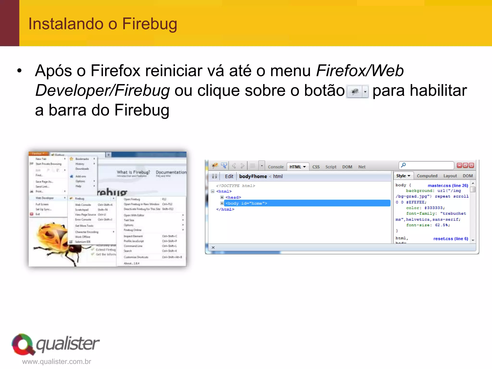 Instalando o Firebug

• Após o Firefox reiniciar vá até o menu Firefox/Web
  Developer/Firebug ou clique sobre o botão      para habilitar
  a barra do Firebug




www.qualister.com.br
 
