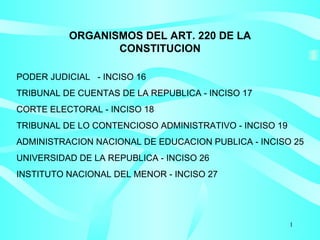 ORGANISMOS DEL ART. 220 DE LA CONSTITUCION PODER JUDICIAL  - INCISO 16 TRIBUNAL DE CUENTAS DE LA REPUBLICA - INCISO 17 CORTE ELECTORAL - INCISO 18 TRIBUNAL DE LO CONTENCIOSO ADMINISTRATIVO - INCISO 19 ADMINISTRACION NACIONAL DE EDUCACION PUBLICA - INCISO 25 UNIVERSIDAD DE LA REPUBLICA - INCISO 26 INSTITUTO NACIONAL DEL MENOR - INCISO 27 