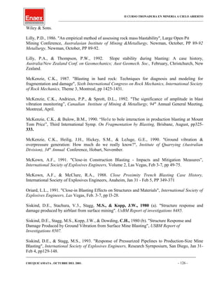 II CURSO TRONADURA EN MINERIA A CIELO ABIERTO
___________________________________________________________________________________________________
Wiley & Sons.
Lilly, P.D., 1986. "An empirical method of assessing rock mass blastability", Large Open Pit
Mining Conference, Australasian Institute of Mining &Metallurgy, Newman, October, PP 89-92
Metallurgy, Newman, October, PP 89-92.
Lilly, P.A., & Thompson, P.W., 1992. Slope stability during blasting: A case history,
Australia/New Zealand Conf. on Geomechanics; Aust Geomech. Soc., February, Christchurch, New
Zealand.
McKenzie, C.K., 1987. "Blasting in hard rock: Techniques for diagnosis and modeling for
fragmentation and damage", Sixth International Congress on Rock Mechanics, International Society
of Rock Mechanics, Theme 3, Montreal, pp 1425-1431.
McKenzie, C.K., Andrieux, P.P., & Sprott, D.L., 1992. "The significance of amplitude in blast
vibration monitoring”, Canadian Institute of Mining & Metallurgy, 94th
Annual General Meeting,
Montreal, April.
McKenzie, C.K., & Bulow, B.M., 1990. “Ho1e to bole interaction in production blasting at Mount
Tom Price”, Third International Symp. On Fragmentation by Blasting, Brisbane, August, pp325-
333.
McKenzie, C.K., Heilig, J.H., Hickey, S.M., & LeJuge, G.E., 1990. "Ground vibration &
overpressure generation: How much do we really know?", Institute of Quarrying (Australian
Division), 34th
Annual Conference, Hobart, November.
McKown, A.F., 1991. "Close-in Construction Blasting - Impacts and Mitigation Measures”,
International Society of Explosives Engineers, Volume 2, Las Vegas, Feb 3-7, pp 49-75.
McKown, A.F., & McClure, R.A., 1988. Close Proximity Trench Blasting Case History,
International Society of Explosives Engineers, Anaheim, Jan 31 - Feb 5, PP 349-371
Oriard, L.L., 1991. "Close-in Blasting Effects on Structures and Materials", International Society of
Explosives Engineers, Las Vegas, Feb. 3-7, pp l3-28.
Siskind, D.E., Stachura, V.3., Stagg, M.S., & Kopp, J.W., 1980 (a). "Structure response and
damage produced by airblast from surface mining". UsBM Report of investigations 8485.
Siskind, D.E., Stagg, M.S., Kopp, J.W., & Dowding, C.H., 1980 (b). "Structure Response and
Damage Produced by Ground Vibration from Surface Mine Blasting", USBM Report of
Investigations 8507.
Siskind, D.E., & Stagg, M.S., 1993. "Response of Pressurized Pipelines to Production-Size Mine
Blasting", International Society of Explosives Engineers, Research Syrnposiurn, San Diego, Jan 31-
Feb 4, pp129-148.
____________________________________________________________________________________________________________________
CHUQUICAMATA , OCTUBRE DEL 2001. - 126 -
 