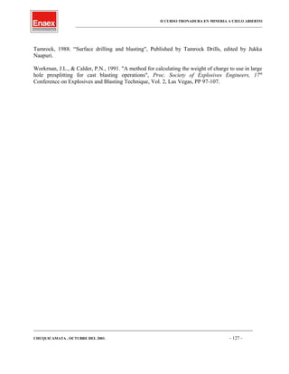II CURSO TRONADURA EN MINERIA A CIELO ABIERTO
___________________________________________________________________________________________________
Tamrock, 1988. “Surface drilling and blasting", Published by Tamrock Drills, edited by Jukka
Naapuri.
Workrnan, J.L., & Calder, P.N., 1991. "A method for calculating the weight of charge to use in large
hole presplitting for cast blasting operations", Proc. Society of Explosives Engineers, 17th
Conference on Explosives and Blasting Technique, Vol. 2, Las Vegas, PP 97-107.
____________________________________________________________________________________________________________________
CHUQUICAMATA , OCTUBRE DEL 2001. - 127 -
 