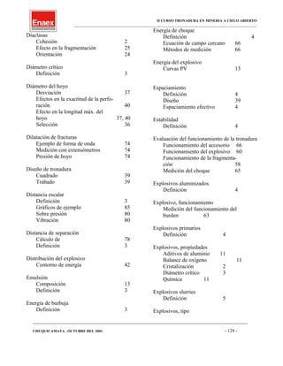 II CURSO TRONADURA EN MINERIA A CIELO ABIERTO
___________________________________________________________________________________________________
Diaclasas
Cohesión 2
Efecto en la fragmentación 25
Orientación 24
Diámetro crítico
Definición 3
Diámetro del hoyo
Desviación 37
Efectos en la exactitud de la perfo-
ración 40
Efecto en la longitud máx. del
hoyo 37, 40
Selección 36
Dilatación de fracturas
Ejemplo de forma de onda 74
Medición con extensómetros 74
Presión de hoyo 74
Diseño de tronadura
Cuadrado 39
Trabado 39
Distancia escalar
Definición 3
Gráficos de ejemplo 85
Sobre presión 80
Vibración 80
Distancia de separación
Cálculo de 78
Definición 3
Distribución del explosivo
Contorno de energía 42
Emulsión
Composición 13
Definición 3
Energía de burbuja
Definición 3
Energía de choque
Definición 4
Ecuación de campo cercano 66
Métodos de medición 66
Energía del explosivo
Curvas PV 13
Espaciamiento
Definición 4
Diseño 39
Espaciamiento efectivo 4
Estabilidad
Definición 4
Evaluación del funcionamiento de la tronadura
Funcionamiento del accesorio 66
Funcionamiento del explosivo 60
Funcionamiento de la fragmenta-
ción 58
Medición del choque 65
Explosivos aluminizados
Definición 4
Explosivo, funcionamiento
Medición del funcionamiento del
burden 63
Explosivos primarios
Definición 4
Explosivos, propiedades
Aditivos de aluminio 11
Balance de oxígeno 11
Cristalización 2
Diámetro crítico 3
Química 11
Explosivos slurries
Definición 5
Explosivos, tipo
____________________________________________________________________________________________________________________
CHUQUICAMATA , OCTUBRE DEL 2001. - 129 -
 