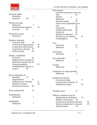 II CURSO TRONADURA EN MINERIA A CIELO ABIERTO
___________________________________________________________________________________________________
Razón de rigidez
Definición 7
Ecuación 40
Relación de carga
Definición 7
Distribución de explosivo 43
Ecuación 43
Resistencia al agua
Definición 7
Retardos, intervalos
Control de daño 49
Control de la fragmentación 48
Control de la sobre presión 50
Control de la vibración 50
Perfil de la pila 48
Retardo, variabilidad
El factor F 68
Medición de la exactitud 67
Medición de la precisión 68
Notación estadística 67
Probabilidad de fuera de se-
cuencia 69
Roca, propiedades de
Densidad 27
Fragmentación 21
Influencia en la vibración 21
Módulo de Young 26
Resistencia de la roca 26
Roca, resistencia de 33
Sensibilizantes
Definición 7
Sensibilidad
Definición 7
Sobre presión
Contribución de hoyos de la cara
libre 82
Decibel 2
Definición 8
Distancia escalar 80
Efectos de las propiedades de la
roca 35
Ecuaciones 80
Estableciendo límites 90
Fuentes de 81
Métodos de reducción 82
Relación con la vibración 81
Variabilidad en 80
Taco
Cálculo de 41
Definición 8
Taco de aire
Definición 8
Taco intermedio
Definición 8
Trazado
Definición 8
Tronaduras con cargas parciales
Definición 8
tronadura de contorno
Contornos de daño 77
Características de diseño 74
Densidad de carguío 76
Tronadura suave 77
Tuberías, tronaduras cerca de
Desplazamiento de bloques 97
Detalles concernientes 95
Ecuaciones de esfuerzos/vibración 96
Esfuerzo inducido por la vibración 95
Tabla de límites 96
____________________________________________________________________________________________________________________
CHUQUICAMATA , OCTUBRE DEL 2001. - 132 -
 