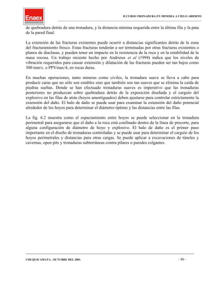 II CURSO TRONADURA EN MINERIA A CIELO ABIERTO
___________________________________________________________________________________________________
de quebradura detrás de una tronadura, y la distancia mínima requerida entre la última fila y la pata
de la pared final.
La extensión de las fracturas existentes puede ocurrir a distancias significantes detrás de la zona
del fracturamiento fresco. Estas fracturas tenderán a ser terminadas por otras fracturas existentes o
planos de diaclasas, y pueden tener un impacto en la resistencia de la roca y en la estabilidad de la
masa rocosa. Un trabajo reciente hecho por Andrieux et al (1994) indica que los niveles de
vibración requeridos para causar extensión y dilatación de las fracturas pueden ser tan bajos como
300 mm/s. o PPVmax/4, en rocas duras.
En muchas operaciones, tanto mineras como civiles, la tronadura suave se lleva a cabo para
producir caras que no sólo son estables sino que también son tan suaves que se elimina la caída de
piedras sueltas. Donde se han efectuado tronaduras suaves es imperativo que las tronaduras
posteriores no produzcan sobre quebradura detrás de la exposición diseñada y el carguío del
explosivo en las filas de atrás (hoyos amortiguados) deben ajustarse para controlar estrictamente la
extensión del daño. El halo de daño se puede usar para examinar la extensión del daño potencial
alrededor de los hoyos para determinar el diámetro óptimo y las distancias entre las filas.
La fig. 6.2 muestra como el espaciamiento entre hoyos se puede seleccionar en la tronadura
perimetral para asegurarse que el daño a la roca está confinado dentro de la línea de precorte, para
alguna configuración de diámetro de hoyo y explosivo. El halo de daño es el primer paso
importante en el diseño de tronaduras controladas y se puede usar para determinar el carguío de los
hoyos perimetrales y distancias para otras cargas. Se puede aplicar a excavaciones de túneles y
cavernas, open pits y tronaduras subterráneas contra pilares o paredes colgantes.
____________________________________________________________________________________________________________________
CHUQUICAMATA , OCTUBRE DEL 2001. - 90 -
 