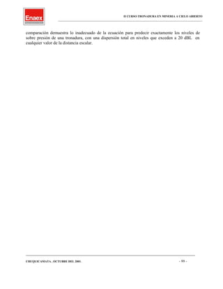II CURSO TRONADURA EN MINERIA A CIELO ABIERTO
___________________________________________________________________________________________________
comparación demuestra lo inadecuado de la ecuación para predecir exactamente los niveles de
sobre presión de una tronadura, con una dispersión total en niveles que exceden a 20 dBL en
cualquier valor de la distancia escalar.
____________________________________________________________________________________________________________________
CHUQUICAMATA , OCTUBRE DEL 2001. - 99 -
 