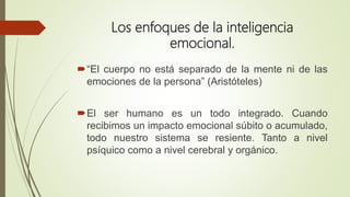 Los enfoques de la inteligencia
emocional.
“El cuerpo no está separado de la mente ni de las
emociones de la persona” (Aristóteles)
El ser humano es un todo integrado. Cuando
recibimos un impacto emocional súbito o acumulado,
todo nuestro sistema se resiente. Tanto a nivel
psíquico como a nivel cerebral y orgánico.
 