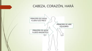 CABEZA, CORAZÓN, HARÁ
PRINCIPIO DE FUEGO
FLUIDO ELÉCTRICO
PRINICIPIO DE AIRE
EQUILIBRIO
PRINCIPIO DE AGUA
FLUIDO MAGNÉTICO
 