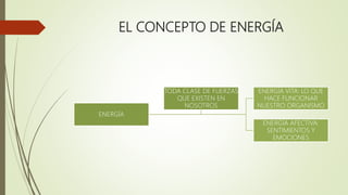 EL CONCEPTO DE ENERGÍA
ENERGÍA
ENERGÍA VITA: LO QUE
HACE FUNCIONAR
NUESTRO ORGANISMO
ENERGÍA AFECTIVA:
SENTIMIENTOS Y
EMOCIONES
TODA CLASE DE FUERZAS
QUE EXISTEN EN
NOSOTROS
 