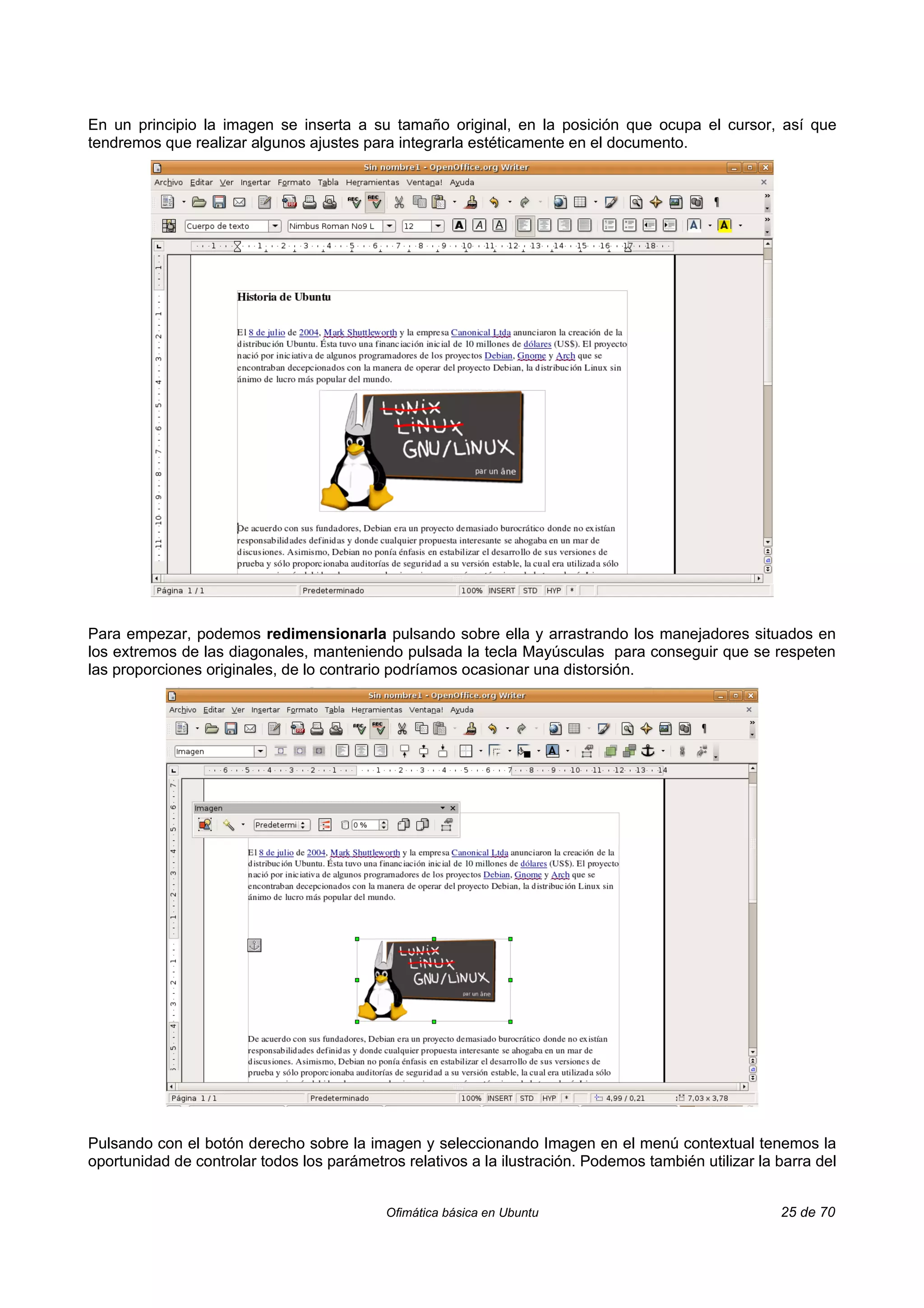 En un principio la imagen se inserta a su tamaño original, en la posición que ocupa el cursor, así que
tendremos que realizar algunos ajustes para integrarla estéticamente en el documento.




Para empezar, podemos redimensionarla pulsando sobre ella y arrastrando los manejadores situados en
los extremos de las diagonales, manteniendo pulsada la tecla Mayúsculas para conseguir que se respeten
las proporciones originales, de lo contrario podríamos ocasionar una distorsión.




Pulsando con el botón derecho sobre la imagen y seleccionando Imagen en el menú contextual tenemos la
oportunidad de controlar todos los parámetros relativos a la ilustración. Podemos también utilizar la barra del


                                            Ofimática básica en Ubuntu                                25 de 70
 