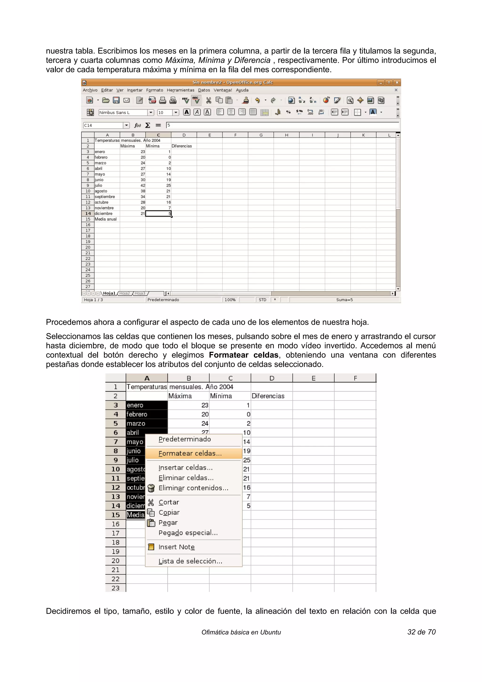 nuestra tabla. Escribimos los meses en la primera columna, a partir de la tercera fila y titulamos la segunda,
tercera y cuarta columnas como Máxima, Mínima y Diferencia , respectivamente. Por último introducimos el
valor de cada temperatura máxima y mínima en la fila del mes correspondiente.




Procedemos ahora a configurar el aspecto de cada uno de los elementos de nuestra hoja.
Seleccionamos las celdas que contienen los meses, pulsando sobre el mes de enero y arrastrando el cursor
hasta diciembre, de modo que todo el bloque se presente en modo vídeo invertido. Accedemos al menú
contextual del botón derecho y elegimos Formatear celdas, obteniendo una ventana con diferentes
pestañas donde establecer los atributos del conjunto de celdas seleccionado.




Decidiremos el tipo, tamaño, estilo y color de fuente, la alineación del texto en relación con la celda que

                                           Ofimática básica en Ubuntu                                32 de 70
 