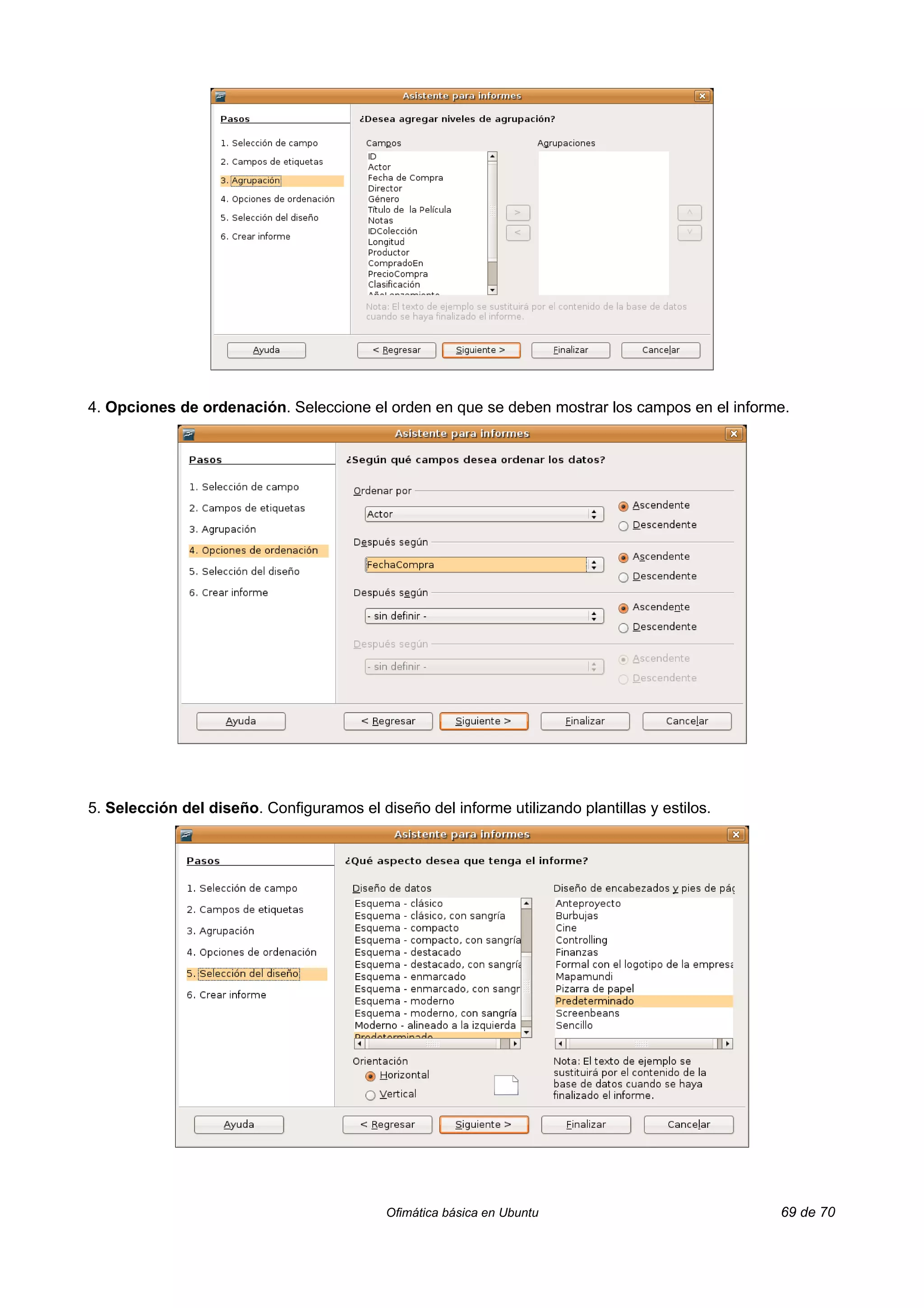 4. Opciones de ordenación. Seleccione el orden en que se deben mostrar los campos en el informe.




5. Selección del diseño. Configuramos el diseño del informe utilizando plantillas y estilos.




                                           Ofimática básica en Ubuntu                          69 de 70
 