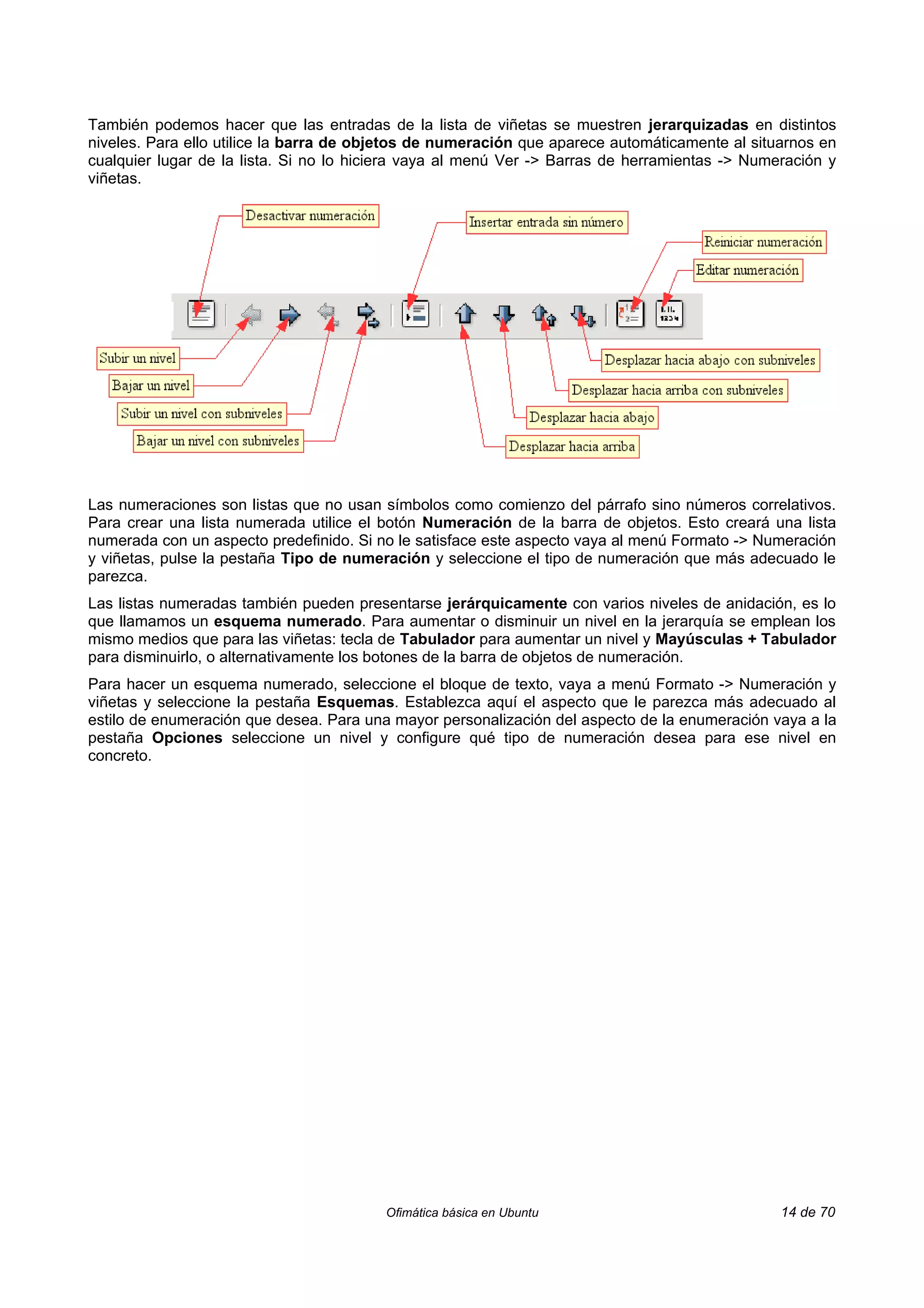 También podemos hacer que las entradas de la lista de viñetas se muestren jerarquizadas en distintos
niveles. Para ello utilice la barra de objetos de numeración que aparece automáticamente al situarnos en
cualquier lugar de la lista. Si no lo hiciera vaya al menú Ver -> Barras de herramientas -> Numeración y
viñetas.




Las numeraciones son listas que no usan símbolos como comienzo del párrafo sino números correlativos.
Para crear una lista numerada utilice el botón Numeración de la barra de objetos. Esto creará una lista
numerada con un aspecto predefinido. Si no le satisface este aspecto vaya al menú Formato -> Numeración
y viñetas, pulse la pestaña Tipo de numeración y seleccione el tipo de numeración que más adecuado le
parezca.
Las listas numeradas también pueden presentarse jerárquicamente con varios niveles de anidación, es lo
que llamamos un esquema numerado. Para aumentar o disminuir un nivel en la jerarquía se emplean los
mismo medios que para las viñetas: tecla de Tabulador para aumentar un nivel y Mayúsculas + Tabulador
para disminuirlo, o alternativamente los botones de la barra de objetos de numeración.
Para hacer un esquema numerado, seleccione el bloque de texto, vaya a menú Formato -> Numeración y
viñetas y seleccione la pestaña Esquemas. Establezca aquí el aspecto que le parezca más adecuado al
estilo de enumeración que desea. Para una mayor personalización del aspecto de la enumeración vaya a la
pestaña Opciones seleccione un nivel y configure qué tipo de numeración desea para ese nivel en
concreto.




                                         Ofimática básica en Ubuntu                             14 de 70
 