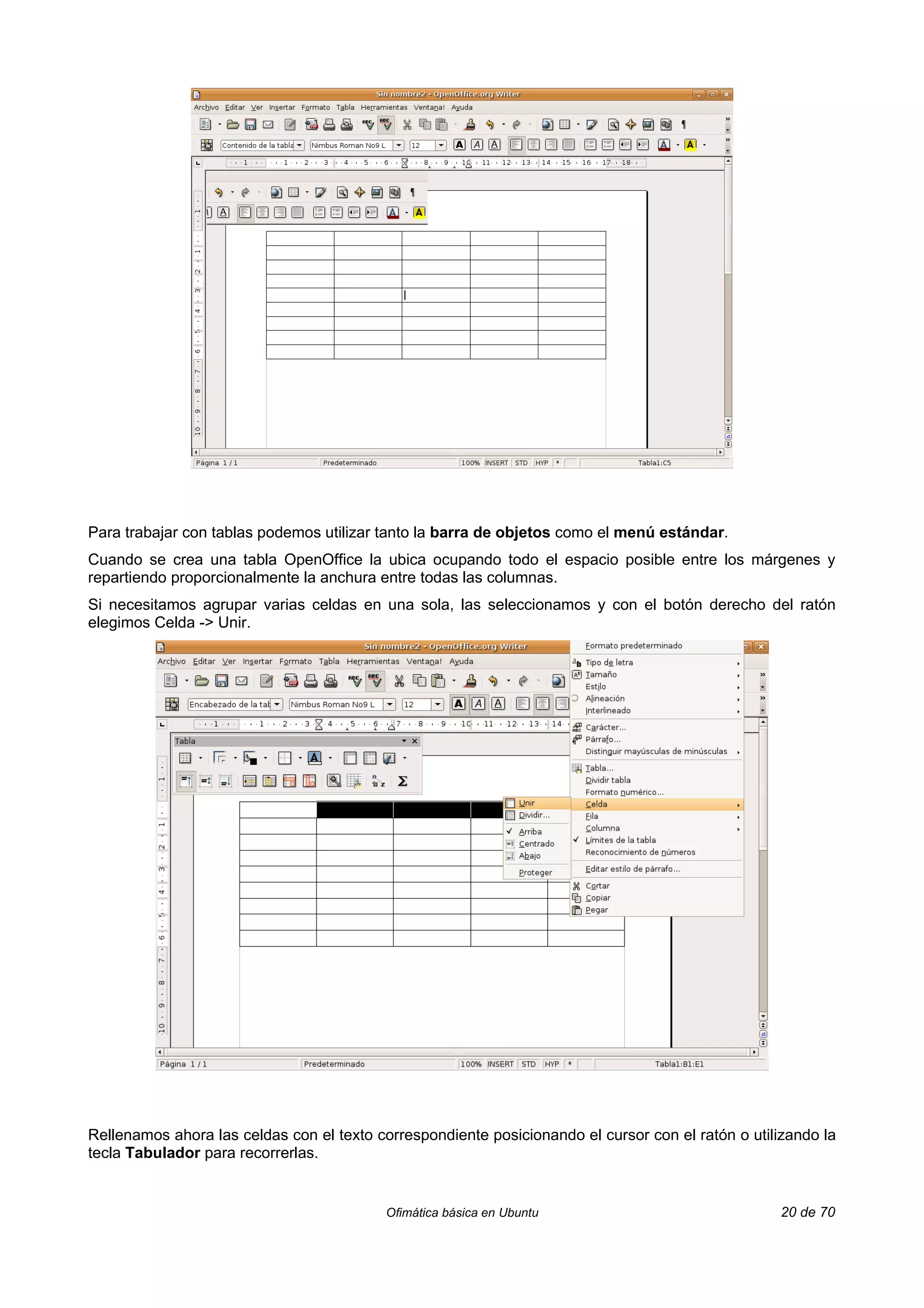 Para trabajar con tablas podemos utilizar tanto la barra de objetos como el menú estándar.
Cuando se crea una tabla OpenOffice la ubica ocupando todo el espacio posible entre los márgenes y
repartiendo proporcionalmente la anchura entre todas las columnas.
Si necesitamos agrupar varias celdas en una sola, las seleccionamos y con el botón derecho del ratón
elegimos Celda -> Unir.




Rellenamos ahora las celdas con el texto correspondiente posicionando el cursor con el ratón o utilizando la
tecla Tabulador para recorrerlas.


                                           Ofimática básica en Ubuntu                               20 de 70
 