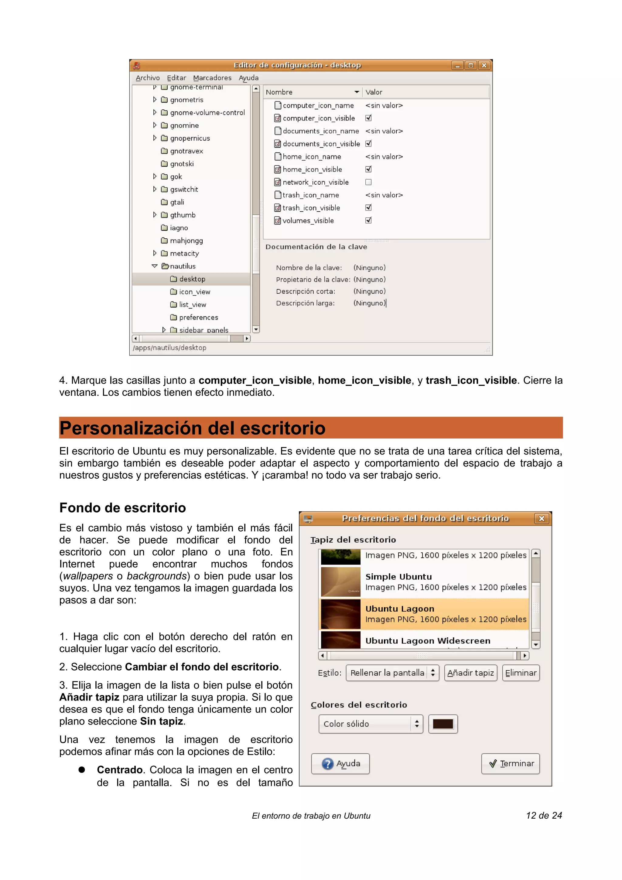 4. Marque las casillas junto a computer_icon_visible, home_icon_visible, y trash_icon_visible. Cierre la
ventana. Los cambios tienen efecto inmediato.


Personalización del escritorio
El escritorio de Ubuntu es muy personalizable. Es evidente que no se trata de una tarea crítica del sistema,
sin embargo también es deseable poder adaptar el aspecto y comportamiento del espacio de trabajo a
nuestros gustos y preferencias estéticas. Y ¡caramba! no todo va ser trabajo serio.


Fondo de escritorio
Es el cambio más vistoso y también el más fácil
de hacer. Se puede modificar el fondo del
escritorio con un color plano o una foto. En
Internet puede encontrar muchos fondos
(wallpapers o backgrounds) o bien pude usar los
suyos. Una vez tengamos la imagen guardada los
pasos a dar son:


1. Haga clic con el botón derecho del ratón en
cualquier lugar vacío del escritorio.
2. Seleccione Cambiar el fondo del escritorio.
3. Elija la imagen de la lista o bien pulse el botón
Añadir tapiz para utilizar la suya propia. Si lo que
desea es que el fondo tenga únicamente un color
plano seleccione Sin tapiz.
Una vez tenemos la imagen de escritorio
podemos afinar más con la opciones de Estilo:
    ●   Centrado. Coloca la imagen en el centro
        de la pantalla. Si no es del tamaño


                                          El entorno de trabajo en Ubuntu                           12 de 24
 
