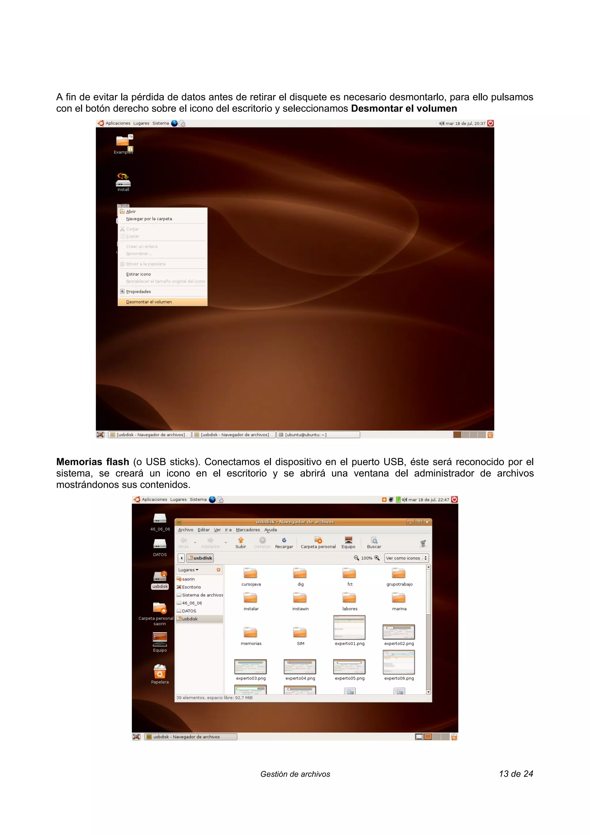 A fin de evitar la pérdida de datos antes de retirar el disquete es necesario desmontarlo, para ello pulsamos
con el botón derecho sobre el icono del escritorio y seleccionamos Desmontar el volumen




Memorias flash (o USB sticks). Conectamos el dispositivo en el puerto USB, éste será reconocido por el
sistema, se creará un icono en el escritorio y se abrirá una ventana del administrador de archivos
mostrándonos sus contenidos.




                                              Gestión de archivos                                    13 de 24
 
