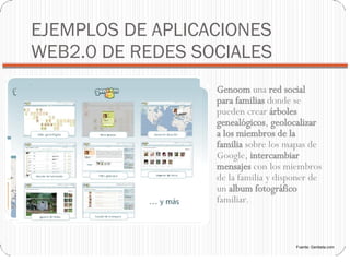 EJEMPLOS DE APLICACIONES WEB2.0 DE REDES SOCIALES Genoom  una  red social para familias  donde se pueden crear  árboles genealógicos ,  geolocalizar a los miembros de la familia  sobre los mapas de Google,  intercambiar mensajes  con los miembros de la familia y disponer de un  album fotográfico  familiar. Fuente: Genbeta.com 