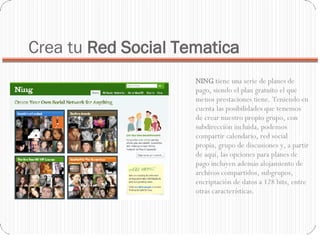 Crea tu  Red Social Tematica NING  tiene una serie de planes de pago, siendo el plan gratuito el que menos prestaciones tiene. Teniendo en cuenta las posibilidades que tenemos de crear nuestro propio grupo, con subdirección incluida, podemos compartir calendario, red social propia, grupo de discusiones y, a partir de aquí, las opciones para planes de pago incluyen además alojamiento de archivos compartidos, subgrupos, encriptación de datos a 128 bits, entre otras características. 