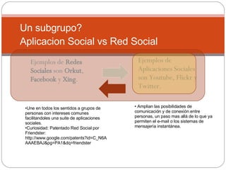 CREEMOS UNA INICIATIVA 2.0  Un subgrupo? Aplicacion Social vs Red Social Ejemplos de  Redes Sociales  son  Orkut ,  Facebook  y  Xing . Amplian las posibilidades de comunicación y de conexión entre personas, un paso mas allá de lo que ya permiten el e-mail o los sistemas de mensajería instantánea. Une en todos los sentidos a grupos de personas con intereses comunes facilitandoles una suite de aplicaciones sociales. Curiosidad: Patentado Red Social por Friendster: http://www.google.com/patents?id=C_N6AAAAEBAJ&pg=PA1&dq=friendster Ejemplos de Aplicaciones Sociales son Youtube, Flickr y Twitter. 