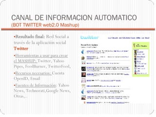 CANAL DE INFORMACION AUTOMATICO  (BOT TWITTER web2.0 Mashup)‏ Resultado final:  Red Social a través de la aplicación social  Twitter Herramientas a usar para crear el MASHUP:  Twitter, Yahoo Pipes, FeedBurner, TwitterFeed,  Recursos necesarios:  Cuenta OpenID, Email Fuentes de Información : Yahoo News, Technorati,Google News, Otras,.. 