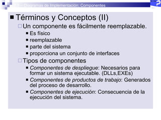 2.5 – Diagramas de Implementación: Componentes Términos y Conceptos (II) Un componente es fácilmente reemplazable. Es físico reemplazable parte del sistema proporciona un conjunto de interfaces Tipos de componentes Componentes de despliegue : Necesarios para formar un sistema ejecutable. (DLLs,EXEs) Componentes de productos de trabajo : Generados del proceso de desarrollo. Componentes de ejecución : Consecuencia de la ejecución del sistema. 