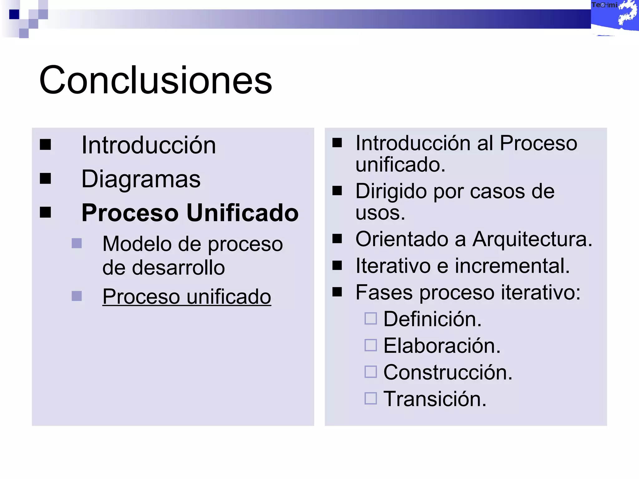 Conclusiones Introducción Diagramas  Proceso Unificado Modelo de proceso de desarrollo Proceso unificado Introducción al Proceso unificado. Dirigido por casos de usos. Orientado a Arquitectura. Iterativo e incremental. Fases proceso iterativo: Definición. Elaboración. Construcción. Transición. 