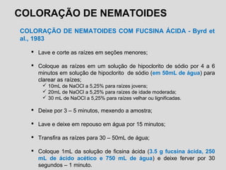 COLORAÇÃO DE NEMATOIDES
COLORAÇÃO DE NEMATOIDES COM FUCSINA ÁCIDA - Byrd et
al., 1983
 Lave e corte as raízes em seções menores;
 Coloque as raízes em um solução de hipoclorito de sódio por 4 a 6
minutos em solução de hipoclorito de sódio (em 50mL de água) para
clarear as raízes;
 10mL de NaOCl a 5,25% para raízes jovens;
 20mL de NaOCl a 5,25% para raízes de idade moderada;
 30 mL de NaOCl a 5,25% para raízes velhar ou lignificadas.
 Deixe por 3 – 5 minutos, mexendo a amostra;
 Lave e deixe em repouso em água por 15 minutos;
 Transfira as raízes para 30 – 50mL de água;
 Coloque 1mL da solução de ficsina ácida (3.5 g fucsina ácida, 250
mL de ácido acético e 750 mL de água) e deixe ferver por 30
segundos – 1 minuto.
 