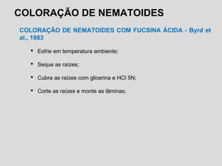COLORAÇÃO DE NEMATOIDES
COLORAÇÃO DE NEMATOIDES COM FUCSINA ÁCIDA - Byrd et
al., 1983
 Esfrie em temperatura ambiente;
 Seque as raízes;
 Cubra as raízes com glicerina e HCl 5N;
 Corte as raízes e monte as lâminas;
 