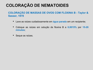 COLORAÇÃO DE NEMATOIDES
COLORAÇÃO DE MASSAS DE OVOS COM FLOXINA B - Taylor &
Sasser, 1978
 Lave as raízes cuidadosamente em água parada em um recipiente;
 Coloque as raízes em solução de floxina B a 0,0015% por 15-20
minutos;
 Seque as raízes.
 