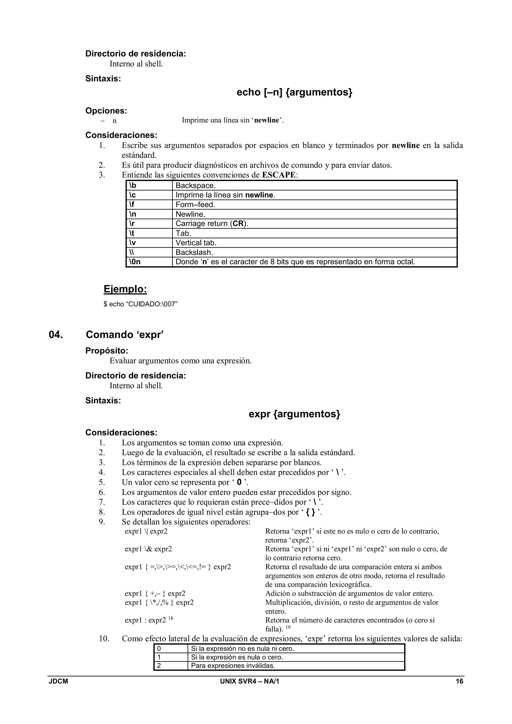 JDCM UNIX SVR4 – NA/1 16
Directorio de residencia:
Interno al shell.
Sintaxis:
echo [–n] {argumentos}
Opciones:
 n Imprime una línea sin ‘newline’.
Consideraciones:
1. Escribe sus argumentos separados por espacios en blanco y terminados por newline en la salida
estándard.
2. Es útil para producir diagnósticos en archivos de comando y para enviar datos.
3. Entiende las siguientes convenciones de ESCAPE:
b Backspace.
c Imprime la línea sin newline.
f Form–feed.
n Newline.
r Carriage return (CR).
t Tab.
v Vertical tab.
 Backslash.
0n Donde ‘n’ es el caracter de 8 bits que es representado en forma octal.
Ejemplo:
$ echo “CUIDADO:007”
04. Comando ‘expr’
Propósito:
Evaluar argumentos como una expresión.
Directorio de residencia:
Interno al shell.
Sintaxis:
expr {argumentos}
Consideraciones:
1. Los argumentos se toman como una expresión.
2. Luego de la evaluación, el resultado se escribe a la salida estándard.
3. Los términos de la expresión deben separarse por blancos.
4. Los caracteres especiales al shell deben estar precedidos por ‘  ’.
5. Un valor cero se representa por ‘ 0 ’.
6. Los argumentos de valor entero pueden estar precedidos por signo.
7. Los caracteres que lo requieran están prece–didos por ‘  ’.
8. Los operadores de igual nivel están agrupa–dos por ‘ { } ’.
9. Se detallan los siguientes operadores:
expr1 | expr2 Retorna ‘expr1’ si este no es nulo o cero de lo contrario,
retorna ‘expr2’.
expr1  expr2 Retorna ‘expr1’ si ni ‘expr1’ ni ‘expr2’ son nulo o cero, de
lo contrario retorna cero.
expr1 { =,,=,,=,!= } expr2 Retorna el resultado de una comparación entera si ambos
argumentos son enteros de otro modo, retorna el resultado
de una comparación lexicográfica.
expr1 { +,– } expr2 Adición o substracción de argumentos de valor entero.
expr1 { *,/,% } expr2 Multiplicación, división, o resto de argumentos de valor
entero.
expr1 : expr2 18
Retorna el número de caracteres encontrados (o cero si
falla). 19
10. Como efecto lateral de la evaluación de expresiones, ‘expr’ retorna los siguientes valores de salida:
0 Si la expresión no es nula ni cero.
1 Si la expresión es nula o cero.
2 Para expresiones inválidas.
 
