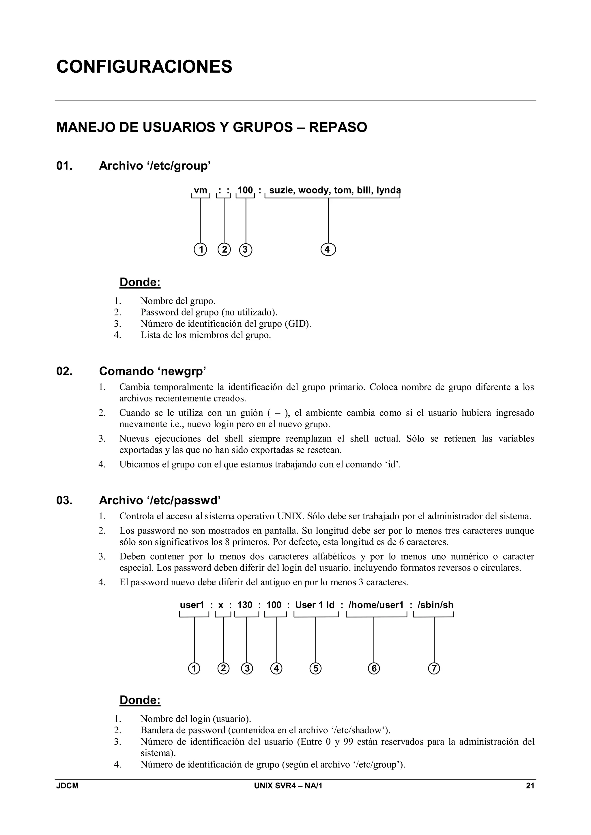 JDCM UNIX SVR4 – NA/1 21
CONFIGURACIONES
MANEJO DE USUARIOS Y GRUPOS – REPASO
01. Archivo ‘/etc/group’
vm : : 100 : suzie, woody, tom, bill, lynda
1 2 3 4
Donde:
1. Nombre del grupo.
2. Password del grupo (no utilizado).
3. Número de identificación del grupo (GID).
4. Lista de los miembros del grupo.
02. Comando ‘newgrp’
1. Cambia temporalmente la identificación del grupo primario. Coloca nombre de grupo diferente a los
archivos recientemente creados.
2. Cuando se le utiliza con un guión ( – ), el ambiente cambia como si el usuario hubiera ingresado
nuevamente i.e., nuevo login pero en el nuevo grupo.
3. Nuevas ejecuciones del shell siempre reemplazan el shell actual. Sólo se retienen las variables
exportadas y las que no han sido exportadas se resetean.
4. Ubicamos el grupo con el que estamos trabajando con el comando ‘id’.
03. Archivo ‘/etc/passwd’
1. Controla el acceso al sistema operativo UNIX. Sólo debe ser trabajado por el administrador del sistema.
2. Los password no son mostrados en pantalla. Su longitud debe ser por lo menos tres caracteres aunque
sólo son significativos los 8 primeros. Por defecto, esta longitud es de 6 caracteres.
3. Deben contener por lo menos dos caracteres alfabéticos y por lo menos uno numérico o caracter
especial. Los password deben diferir del login del usuario, incluyendo formatos reversos o circulares.
4. El password nuevo debe diferir del antiguo en por lo menos 3 caracteres.
user1 : x : 130 : 100 : User 1 Id : /home/user1 : /sbin/sh
1 2 3 4 5 6 7
Donde:
1. Nombre del login (usuario).
2. Bandera de password (contenidoa en el archivo ‘/etc/shadow’).
3. Número de identificación del usuario (Entre 0 y 99 están reservados para la administración del
sistema).
4. Número de identificación de grupo (según el archivo ‘/etc/group’).
 