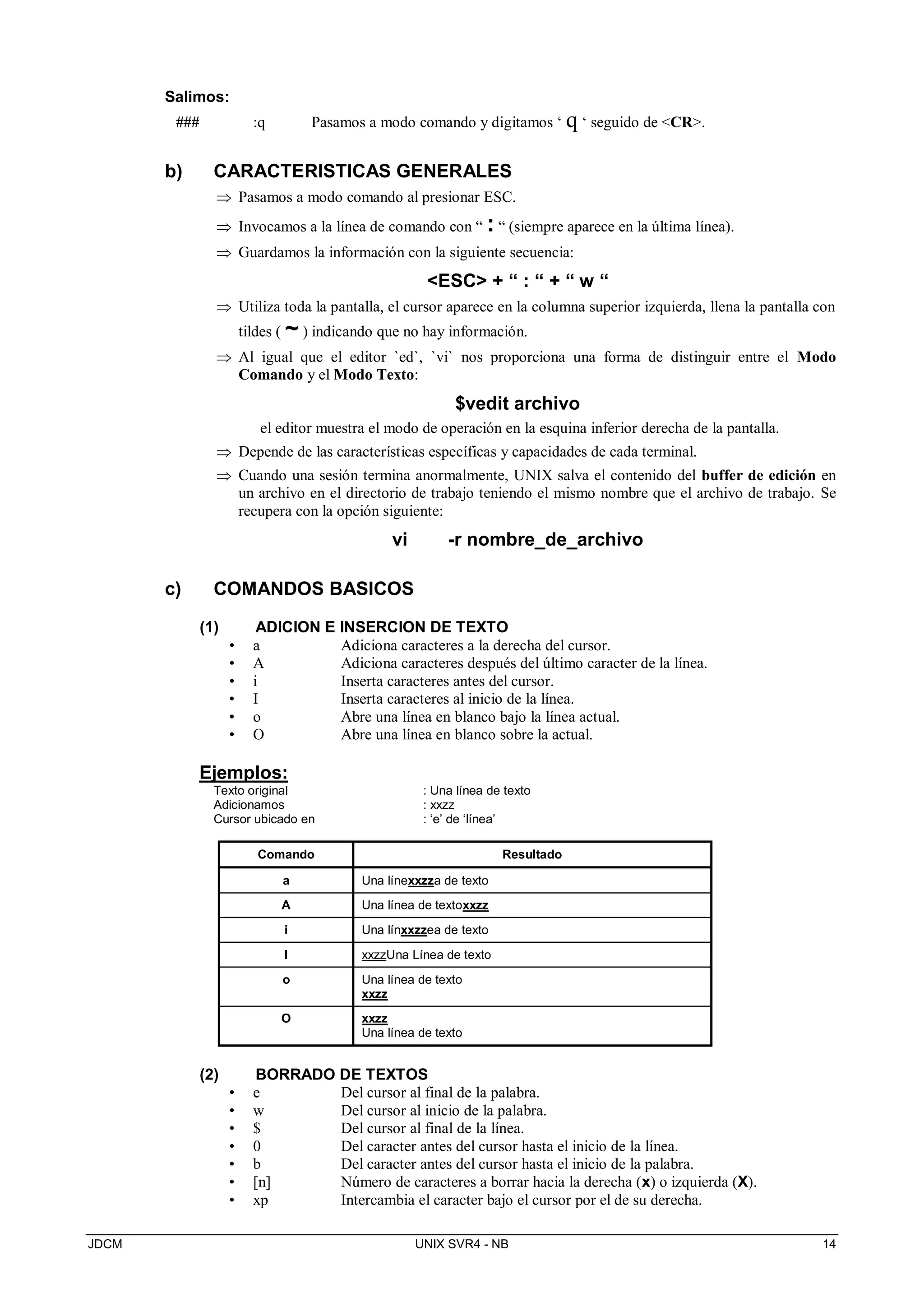 JDCM UNIX SVR4 - NB 14
Salimos:
### :q Pasamos a modo comando y digitamos ‘ q ‘ seguido de CR.
b) CARACTERISTICAS GENERALES
 Pasamos a modo comando al presionar ESC.
 Invocamos a la línea de comando con “ : “ (siempre aparece en la última línea).
 Guardamos la información con la siguiente secuencia:
ESC + “ : “ + “ w “
 Utiliza toda la pantalla, el cursor aparece en la columna superior izquierda, llena la pantalla con
tildes ( ~ ) indicando que no hay información.
 Al igual que el editor `ed`, `vi` nos proporciona una forma de distinguir entre el Modo
Comando y el Modo Texto:
$vedit archivo
el editor muestra el modo de operación en la esquina inferior derecha de la pantalla.
 Depende de las características específicas y capacidades de cada terminal.
 Cuando una sesión termina anormalmente, UNIX salva el contenido del buffer de edición en
un archivo en el directorio de trabajo teniendo el mismo nombre que el archivo de trabajo. Se
recupera con la opción siguiente:
vi -r nombre_de_archivo
c) COMANDOS BASICOS
(1) ADICION E INSERCION DE TEXTO
• a Adiciona caracteres a la derecha del cursor.
• A Adiciona caracteres después del último caracter de la línea.
• i Inserta caracteres antes del cursor.
• I Inserta caracteres al inicio de la línea.
• o Abre una línea en blanco bajo la línea actual.
• O Abre una línea en blanco sobre la actual.
Ejemplos:
Texto original : Una línea de texto
Adicionamos : xxzz
Cursor ubicado en : ‘e’ de ‘línea’
Comando Resultado
a Una línexxzza de texto
A Una línea de textoxxzz
i Una línxxzzea de texto
I xxzzUna Línea de texto
o Una línea de texto
xxzz
O xxzz
Una línea de texto
(2) BORRADO DE TEXTOS
• e Del cursor al final de la palabra.
• w Del cursor al inicio de la palabra.
• $ Del cursor al final de la línea.
• 0 Del caracter antes del cursor hasta el inicio de la línea.
• b Del caracter antes del cursor hasta el inicio de la palabra.
• [n] Número de caracteres a borrar hacia la derecha (x) o izquierda (X).
• xp Intercambia el caracter bajo el cursor por el de su derecha.
 