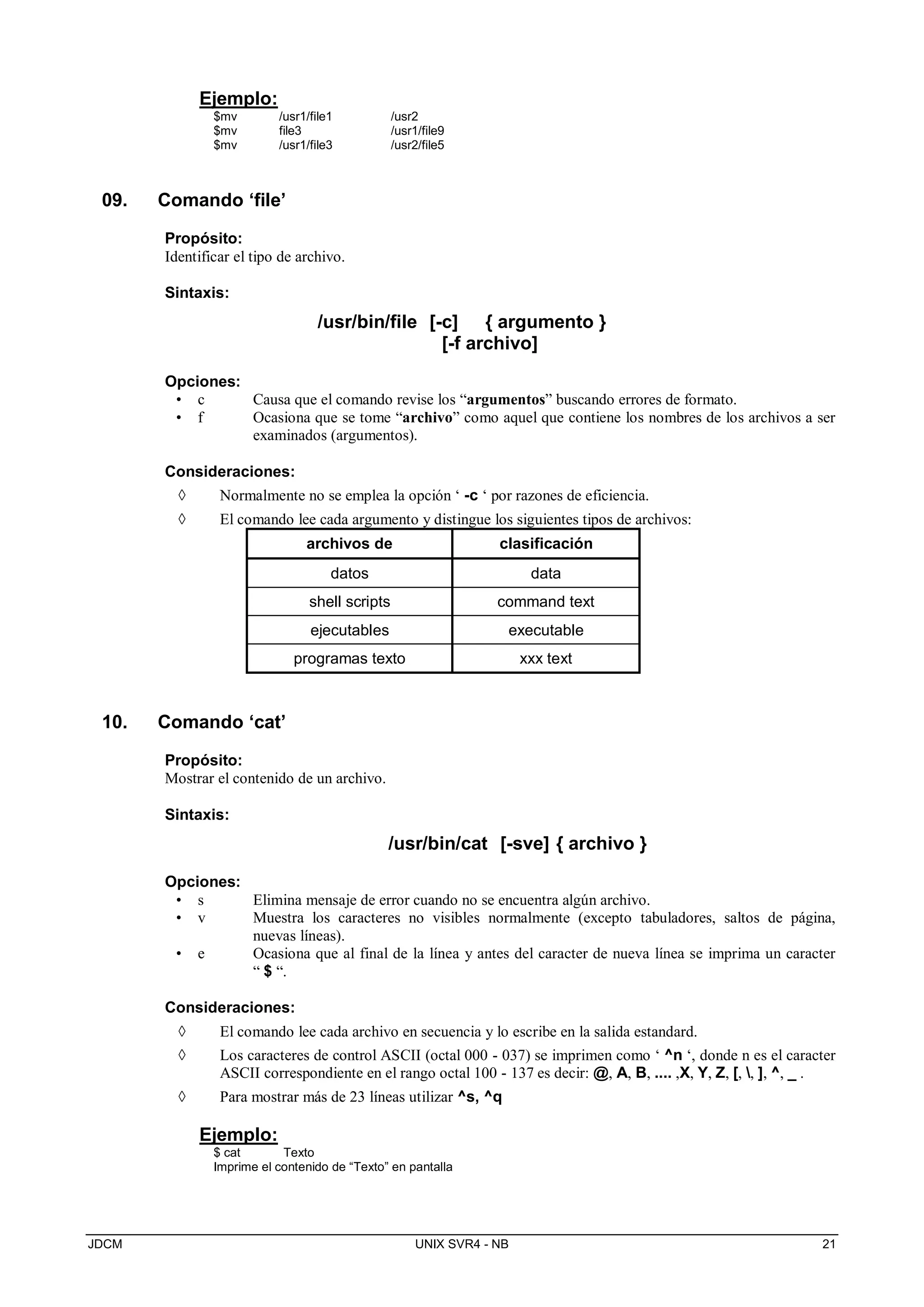 JDCM UNIX SVR4 - NB 21
Ejemplo:
$mv /usr1/file1 /usr2
$mv file3 /usr1/file9
$mv /usr1/file3 /usr2/file5
09. Comando ‘file’
Propósito:
Identificar el tipo de archivo.
Sintaxis:
/usr/bin/file [-c] { argumento }
[-f archivo]
Opciones:
• c Causa que el comando revise los “argumentos” buscando errores de formato.
• f Ocasiona que se tome “archivo” como aquel que contiene los nombres de los archivos a ser
examinados (argumentos).
Consideraciones:
 Normalmente no se emplea la opción ‘ -c ‘ por razones de eficiencia.
 El comando lee cada argumento y distingue los siguientes tipos de archivos:
archivos de clasificación
datos data
shell scripts command text
ejecutables executable
programas texto xxx text
10. Comando ‘cat’
Propósito:
Mostrar el contenido de un archivo.
Sintaxis:
/usr/bin/cat [-sve] { archivo }
Opciones:
• s Elimina mensaje de error cuando no se encuentra algún archivo.
• v Muestra los caracteres no visibles normalmente (excepto tabuladores, saltos de página,
nuevas líneas).
• e Ocasiona que al final de la línea y antes del caracter de nueva línea se imprima un caracter
“ $ “.
Consideraciones:
 El comando lee cada archivo en secuencia y lo escribe en la salida estandard.
 Los caracteres de control ASCII (octal 000 - 037) se imprimen como ‘ ^n ‘, donde n es el caracter
ASCII correspondiente en el rango octal 100 - 137 es decir: @, A, B, .... ,X, Y, Z, [, , ], ^, _ .
 Para mostrar más de 23 líneas utilizar ^s, ^q
Ejemplo:
$ cat Texto
Imprime el contenido de “Texto” en pantalla
 