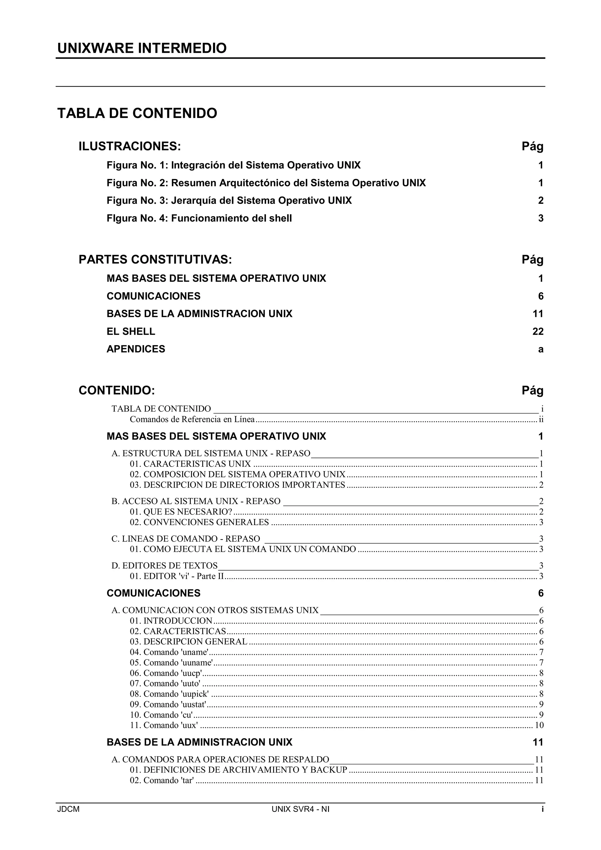 UNIXWARE INTERMEDIO
JDCM UNIX SVR4 - NI i
TABLA DE CONTENIDO
ILUSTRACIONES: Pág
Figura No. 1: Integración del Sistema Operativo UNIX 1
Figura No. 2: Resumen Arquitectónico del Sistema Operativo UNIX 1
Figura No. 3: Jerarquía del Sistema Operativo UNIX 2
FIgura No. 4: Funcionamiento del shell 3
PARTES CONSTITUTIVAS: Pág
MAS BASES DEL SISTEMA OPERATIVO UNIX 1
COMUNICACIONES 6
BASES DE LA ADMINISTRACION UNIX 11
EL SHELL 22
APENDICES a
CONTENIDO: Pág
TABLA DE CONTENIDO ______________________________________________________________________ i
Comandos de Referencia en Línea...............................................................................................................................ii
MAS BASES DEL SISTEMA OPERATIVO UNIX 1
A. ESTRUCTURA DEL SISTEMA UNIX - REPASO_________________________________________________1
01. CARACTERISTICAS UNIX ................................................................................................................................ 1
02. COMPOSICION DEL SISTEMA OPERATIVO UNIX...................................................................................... 1
03. DESCRIPCION DE DIRECTORIOS IMPORTANTES...................................................................................... 2
B. ACCESO AL SISTEMA UNIX - REPASO _______________________________________________________2
01. QUE ES NECESARIO?......................................................................................................................................... 2
02. CONVENCIONES GENERALES ........................................................................................................................ 3
C. LINEAS DE COMANDO - REPASO ___________________________________________________________3
01. COMO EJECUTA EL SISTEMA UNIX UN COMANDO ................................................................................. 3
D. EDITORES DE TEXTOS_____________________________________________________________________3
01. EDITOR 'vi' - Parte II............................................................................................................................................. 3
COMUNICACIONES 6
A. COMUNICACION CON OTROS SISTEMAS UNIX _______________________________________________6
01. INTRODUCCION.................................................................................................................................................. 6
02. CARACTERISTICAS............................................................................................................................................ 6
03. DESCRIPCION GENERAL.................................................................................................................................. 6
04. Comando 'uname'.................................................................................................................................................... 7
05. Comando 'uuname'.................................................................................................................................................. 7
06. Comando 'uucp'....................................................................................................................................................... 8
07. Comando 'uuto' ....................................................................................................................................................... 8
08. Comando 'uupick' ................................................................................................................................................... 8
09. Comando 'uustat'..................................................................................................................................................... 9
10. Comando 'cu'........................................................................................................................................................... 9
11. Comando 'uux' ...................................................................................................................................................... 10
BASES DE LA ADMINISTRACION UNIX 11
A. COMANDOS PARA OPERACIONES DE RESPALDO____________________________________________11
01. DEFINICIONES DE ARCHIVAMIENTO Y BACKUP ................................................................................... 11
02. Comando 'tar' ........................................................................................................................................................ 11
 