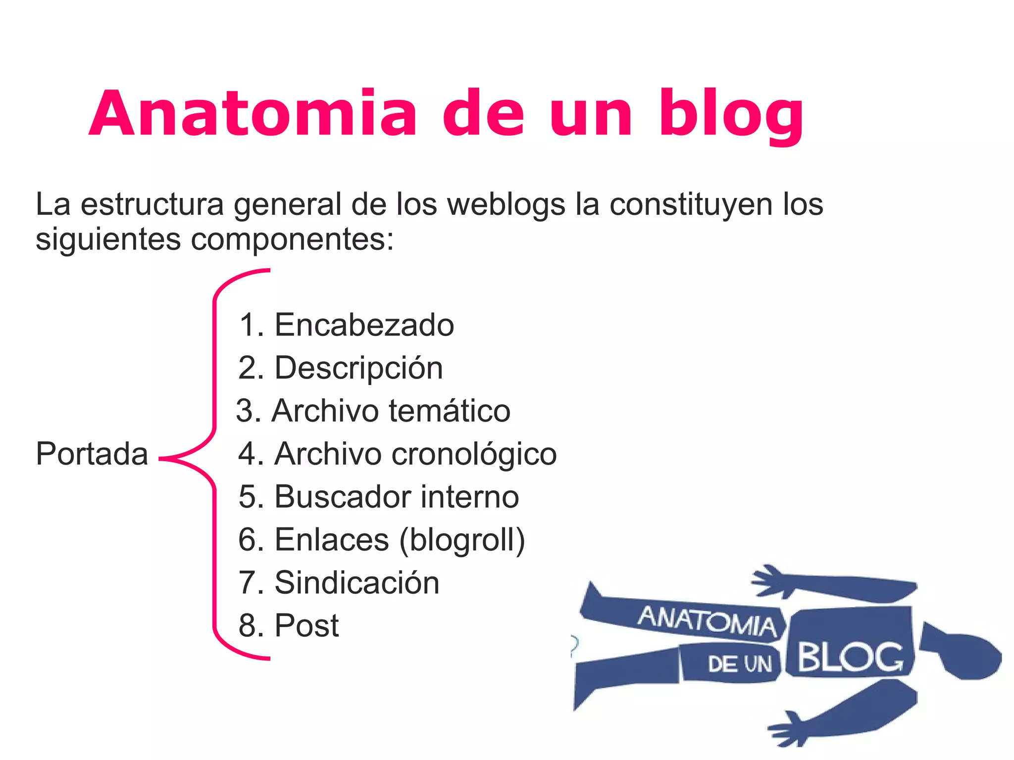 Anatomia de un blog
La estructura general de los weblogs la constituyen los
siguientes componentes:

             1. Encabezado
             2. Descripción
             3. Archivo temático
Portada      4. Archivo cronológico
             5. Buscador interno
             6. Enlaces (blogroll)
             7. Sindicación
             8. Post
 
