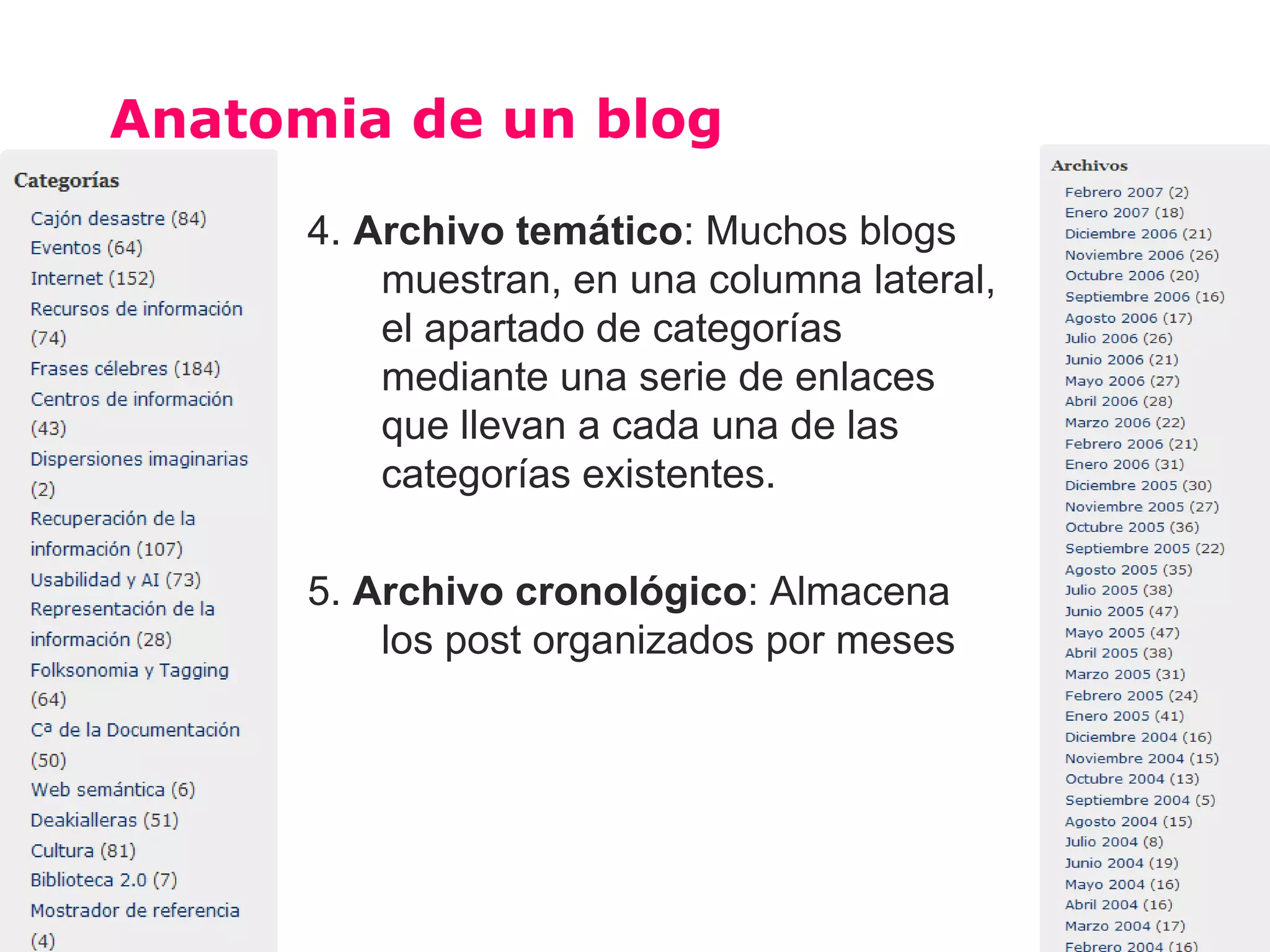 Anatomia de un blog

      4. Archivo temático: Muchos blogs
          muestran, en una columna lateral,
          el apartado de categorías
          mediante una serie de enlaces
          que llevan a cada una de las
          categorías existentes.

      5. Archivo cronológico: Almacena
          los post organizados por meses
 