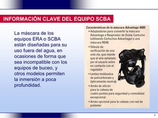 6
INFORMACIÓN CLAVE DEL EQUIPO SCBA
La máscara de los
equipos ERA o SCBA
están diseñadas para su
uso fuera del agua, en
ocasiones de forma que
sea incompatible con los
equipos de buceo, y
otros modelos permiten
la inmersión a poca
profundidad.
 