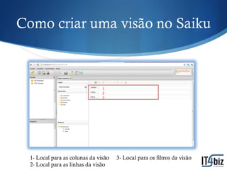 Como criar uma visão no Saiku



                                1
                                2
                                3




  1- Local para as colunas da visão   3- Local para os filtros da visão
  2- Local para as linhas da visão
 
