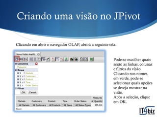 Criando uma visão no JPivot

Clicando em abrir o navegador OLAP, abrirá a seguinte tela:


                                                         Pode-se escolher quais
                                                         serão as linhas, colunas
                                                         e filtros da visão.
                                                         Clicando nos nomes,
                                                         em verde, pode-se
                                                         selecionar quais opções
                                                         se deseja mostrar na
                                                         visão.
                                                         Após a seleção, clique
                                                         em OK.
 